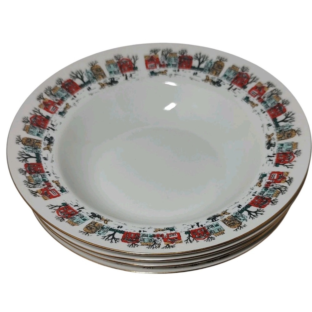 Lynns Soup Bowls In The Village‎ Christmas Winter Scene Cereal Set of Four SEE